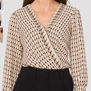 NWT Halogen - Long Sleeve Cream And Black Surplice Neck Top, Size L